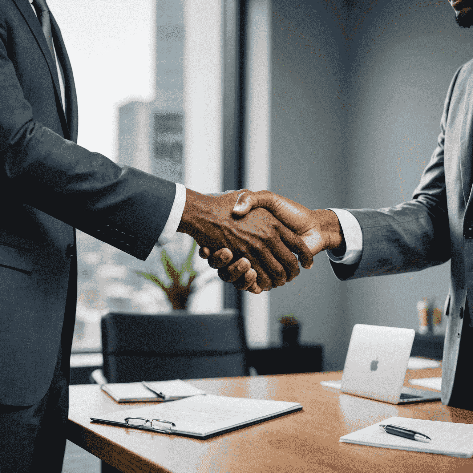 A handshake between a South African consultant and a client, symbolizing a successful outsourcing partnership