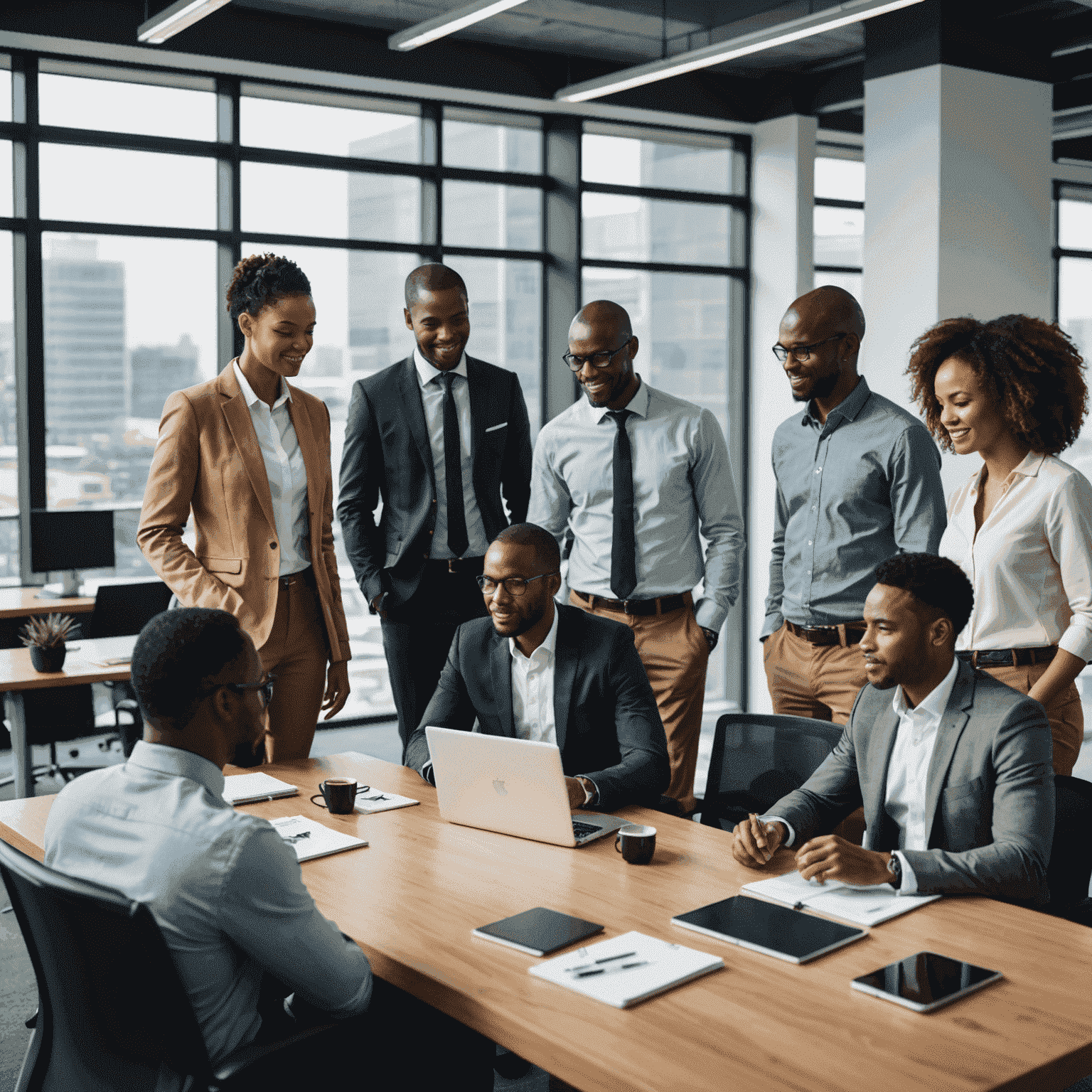 A group of diverse South African professionals collaborating in a modern office setting, representing the skilled workforce and favorable business environment that makes South Africa an attractive outsourcing destination.