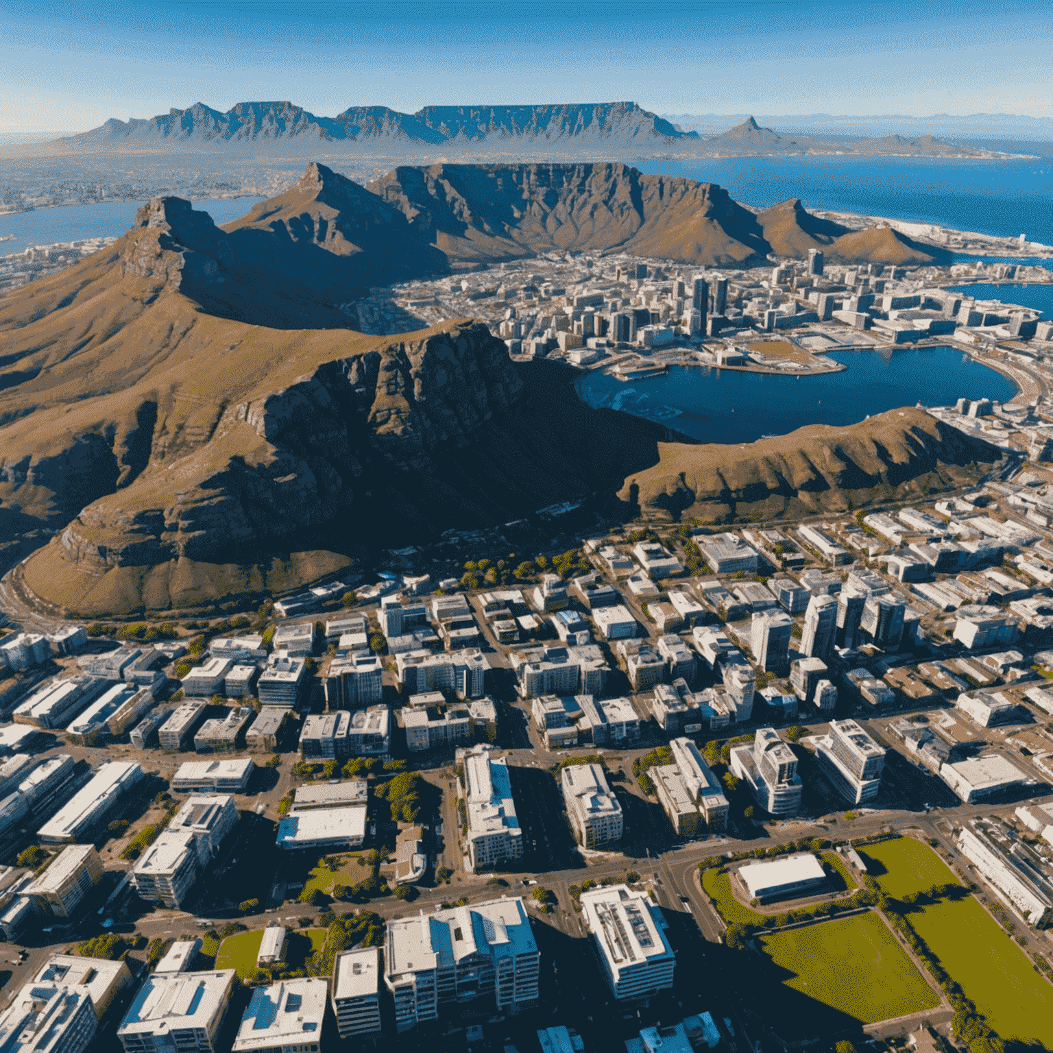 Aerial view of Cape Town, South Africa with Table Mountain in the background