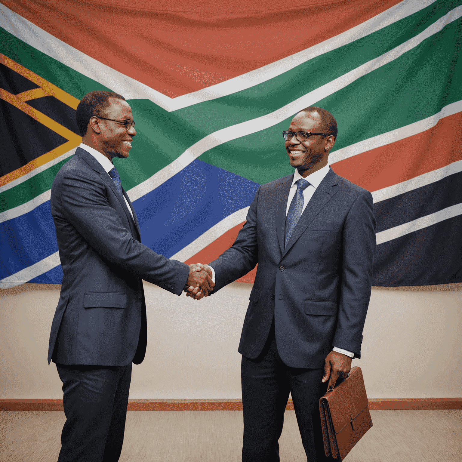 Business professionals shaking hands in front of the South African flag, symbolizing successful business partnerships