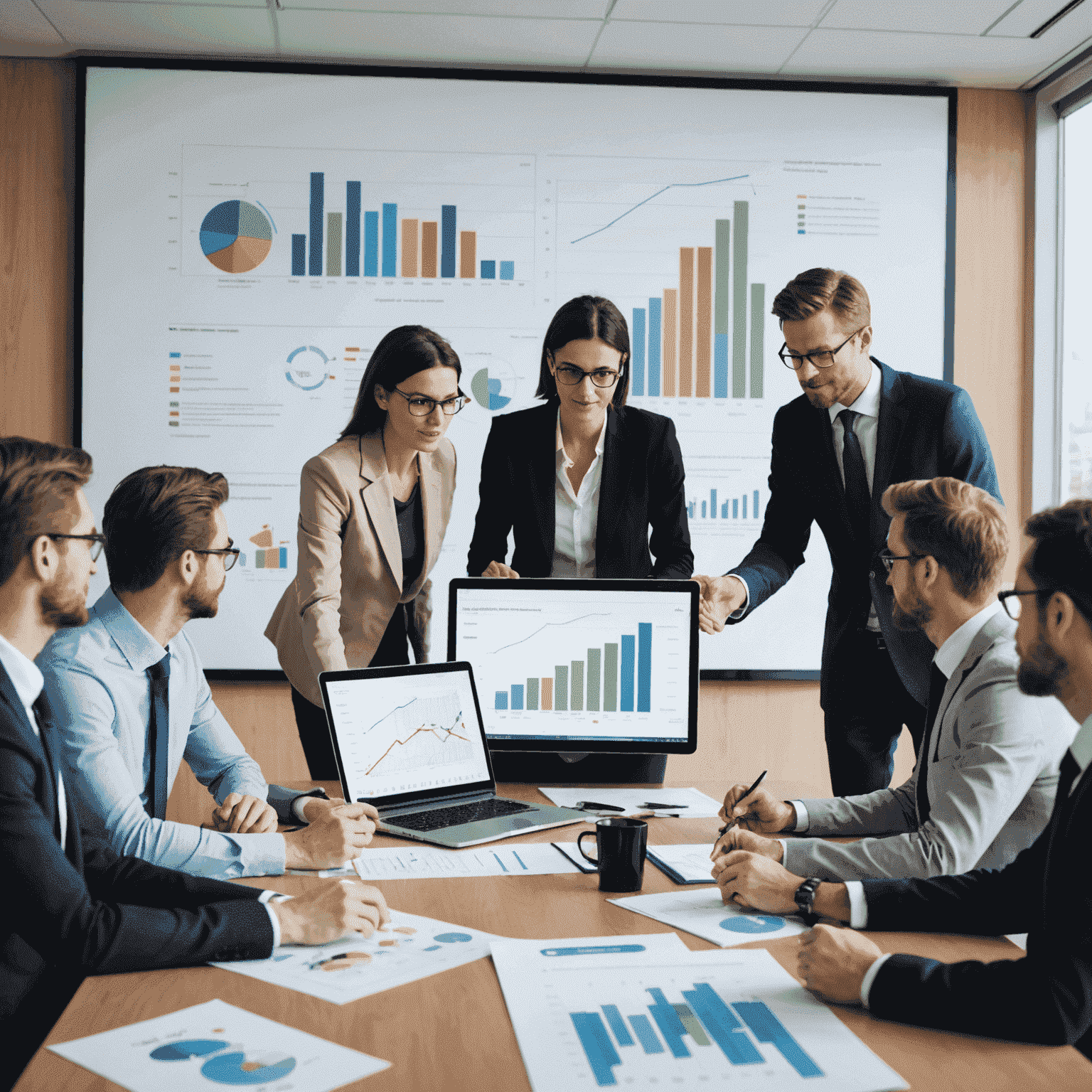 A group of professional consultants discussing a project around a conference table, with charts and graphs on a screen in the background