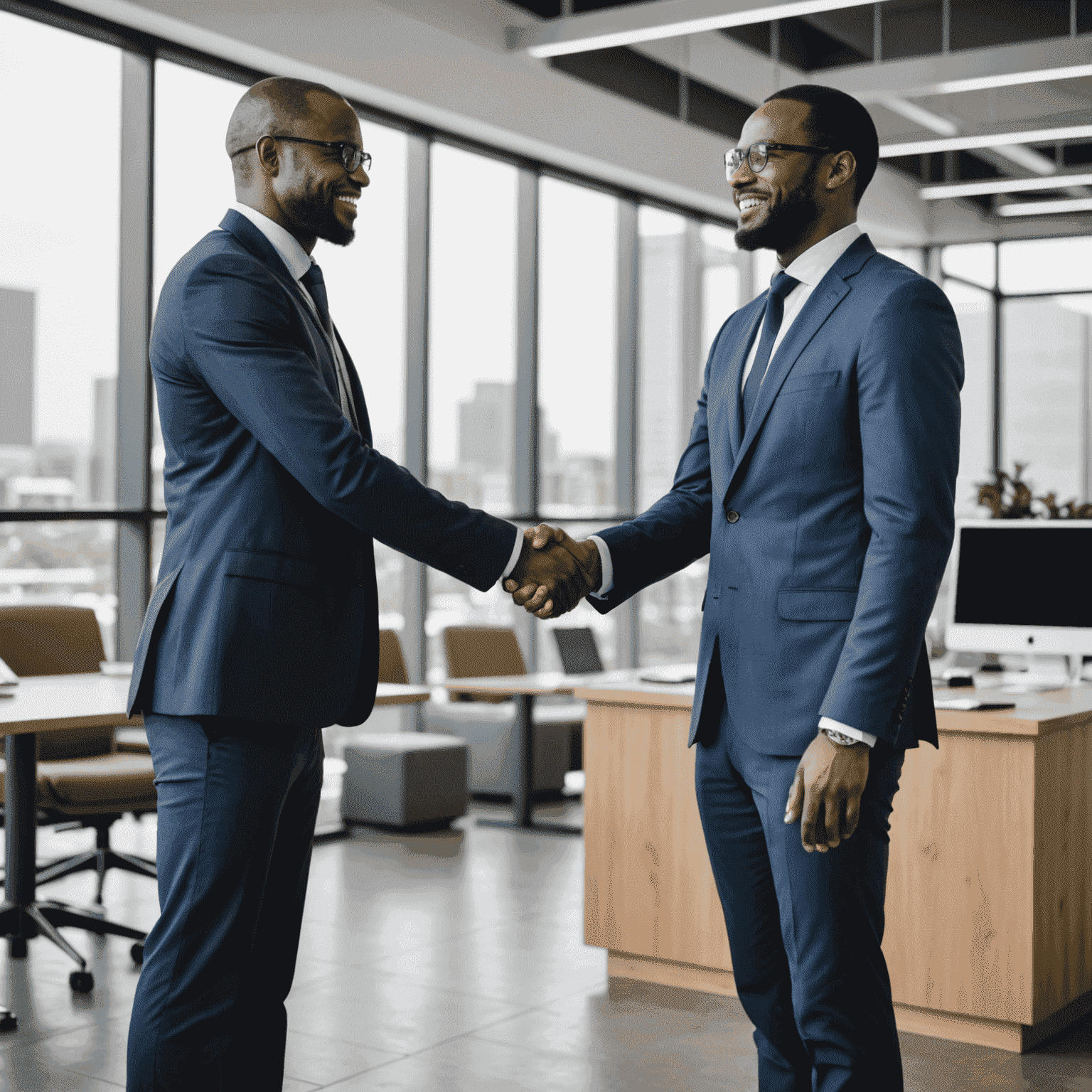 Business professionals shaking hands in a modern office setting in South Africa, symbolizing a successful consulting partnership