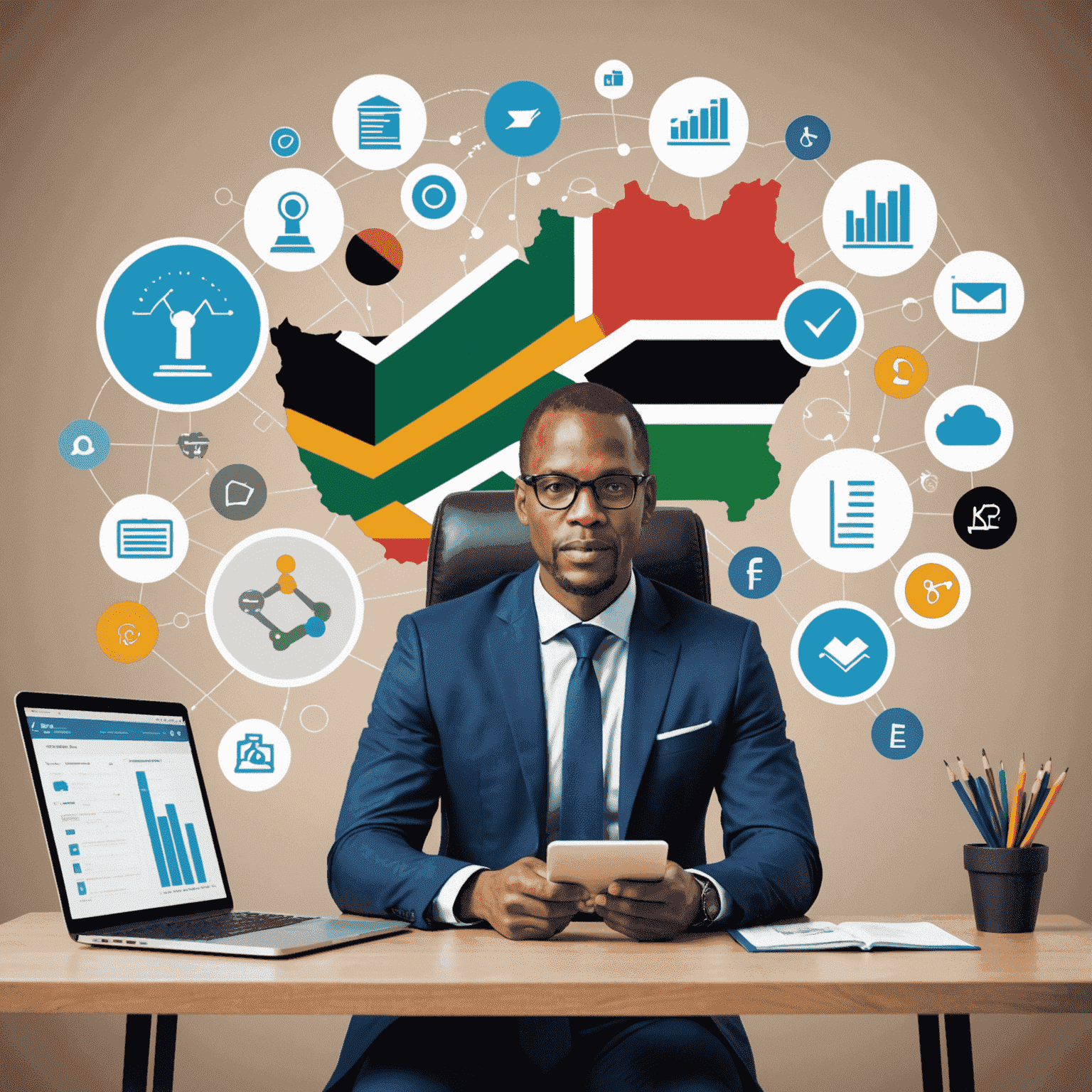 An image depicting the latest trends and developments in the South African consulting industry, such as digital transformation, data analytics, and sustainable business practices