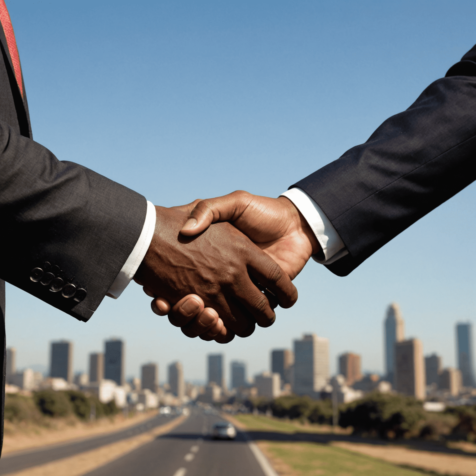 A handshake between a South African businessman and a foreign partner, symbolizing the importance of understanding and respecting cultural differences when doing business in South Africa.