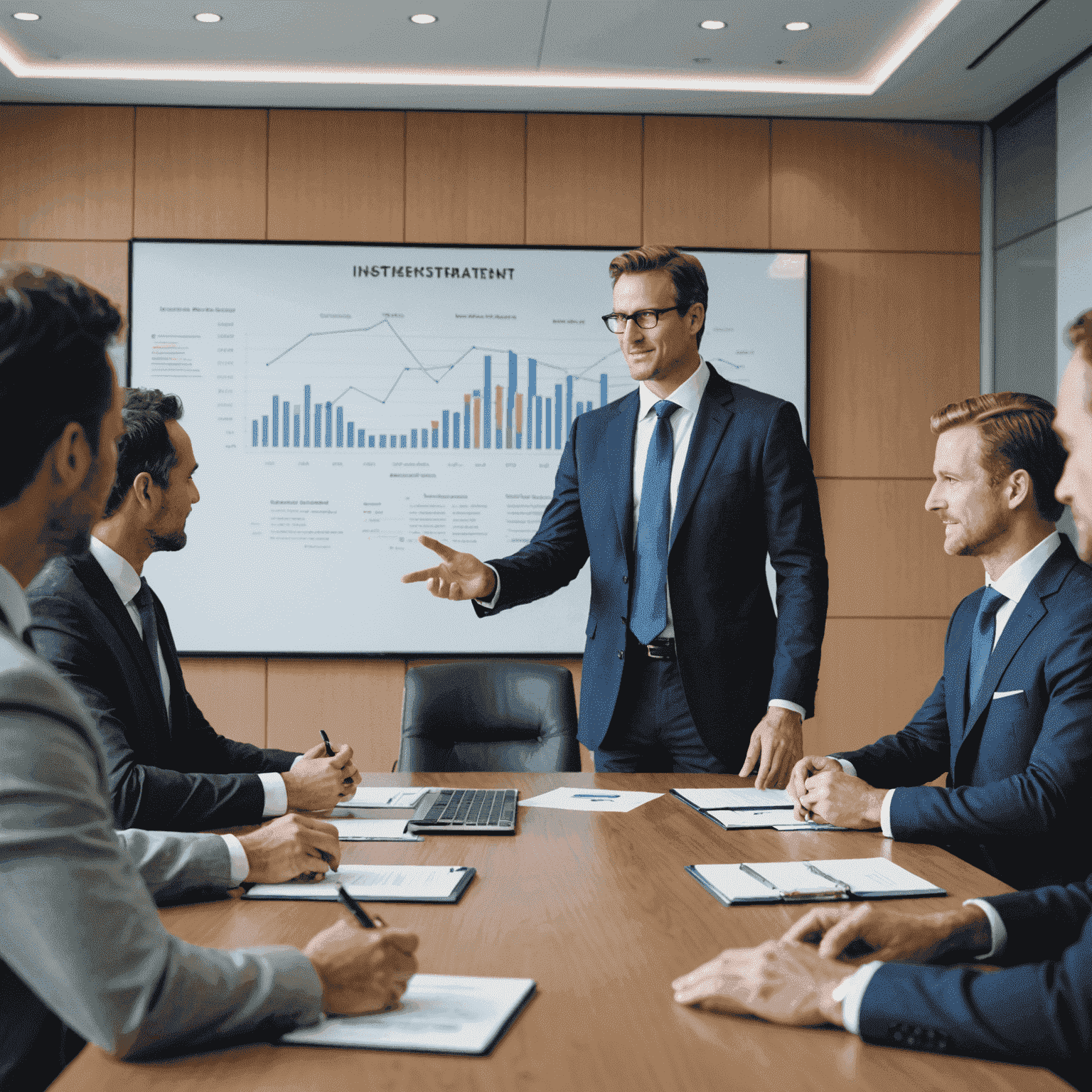 A consultant presenting an investment strategy to a group of executives in a boardroom