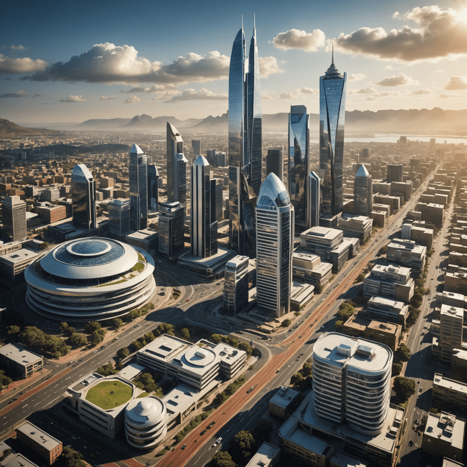 A futuristic cityscape of South Africa, representing the evolving trends and developments shaping the South African consulting industry and the opportunities for businesses to leverage these changes to stay competitive.